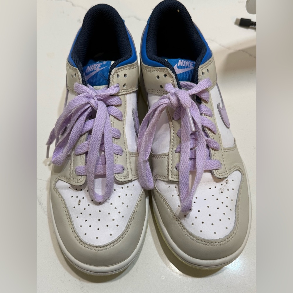 Nike Dunk Low GS 'Khaki Blue Pink' sneakers.